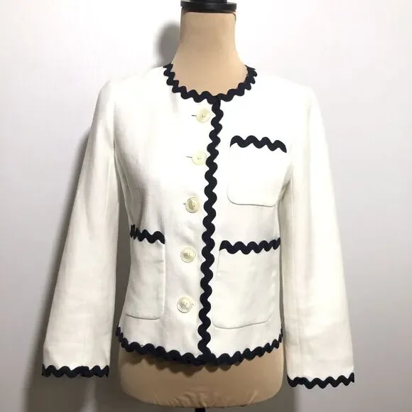 J Crew Linen Jacket Womens 2 White Blue Blazer Ric Rac Trim Career Office - Picture 2 of 15